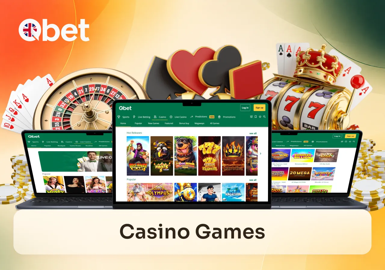 A selection of casino games is displayed across multiple Qbet gaming screens.
