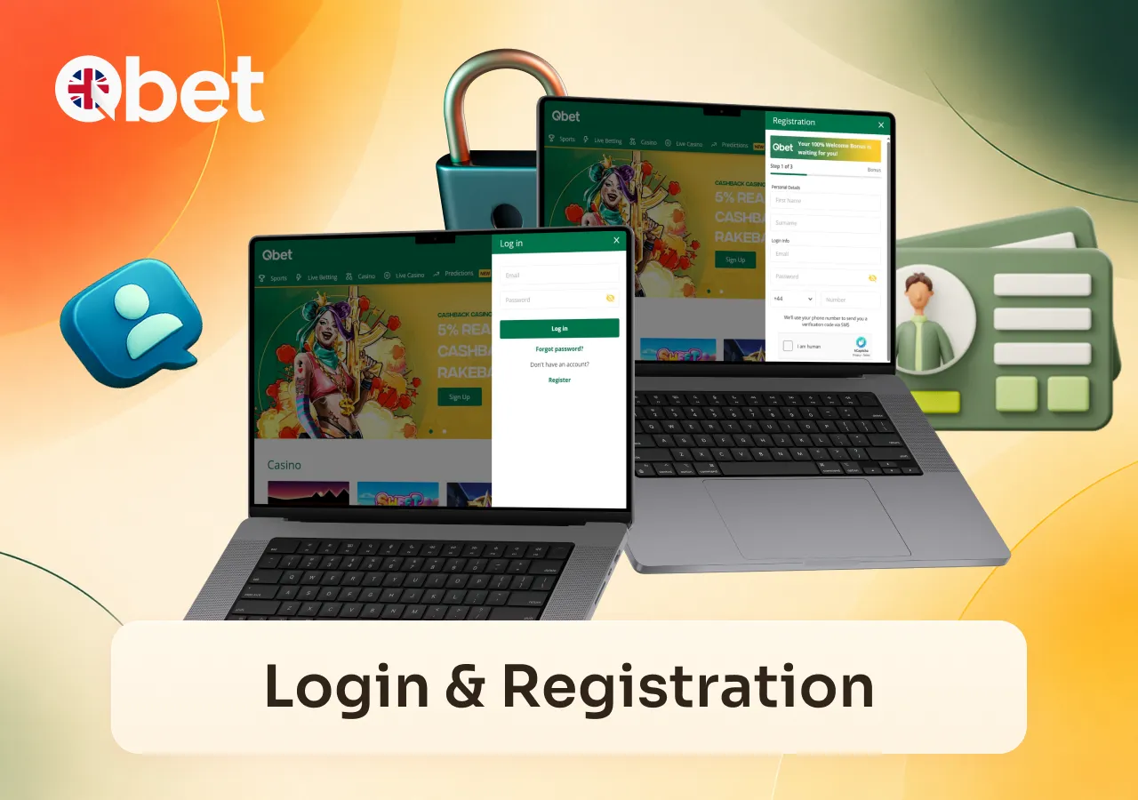 The login and registration process is shown on Qbet Casino desktop screens.